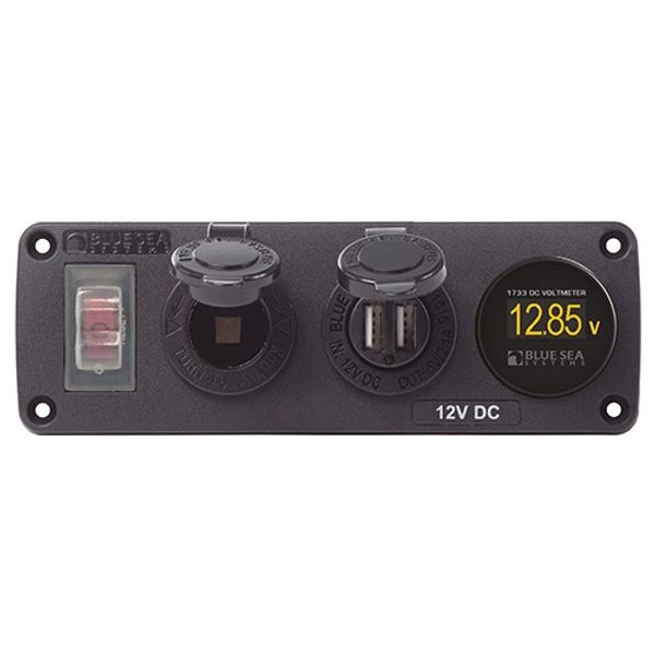 Blue Sea Accessory Panel 15A CB+ USB+12V Socket + Voltmeter