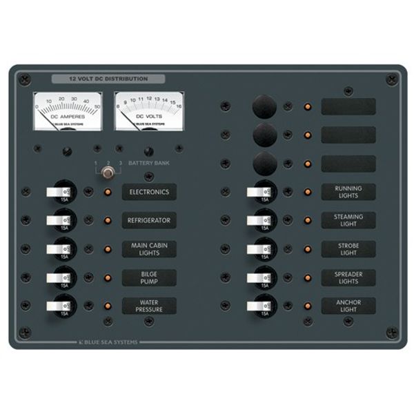 Blue Sea 13-Way Panel with Voltmeter and Ammeter 12V