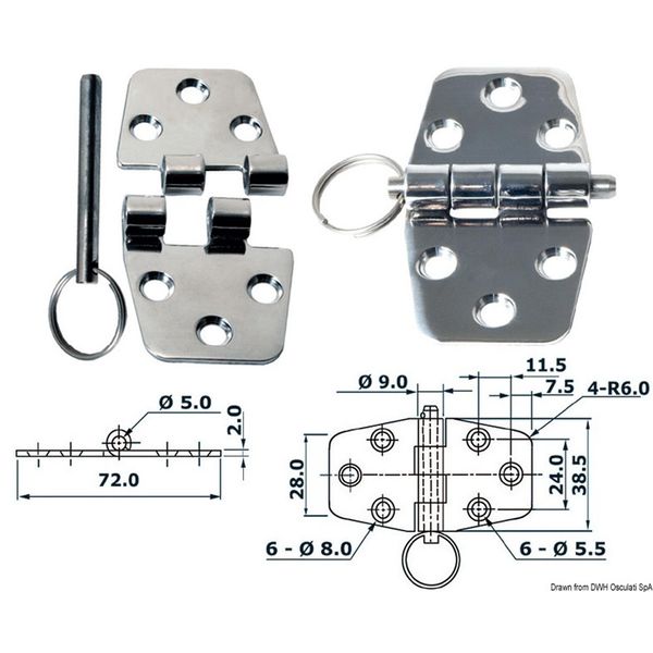 Osculati Stainless Steel Hinge (72mm x 38.5mm / Standard Pin)